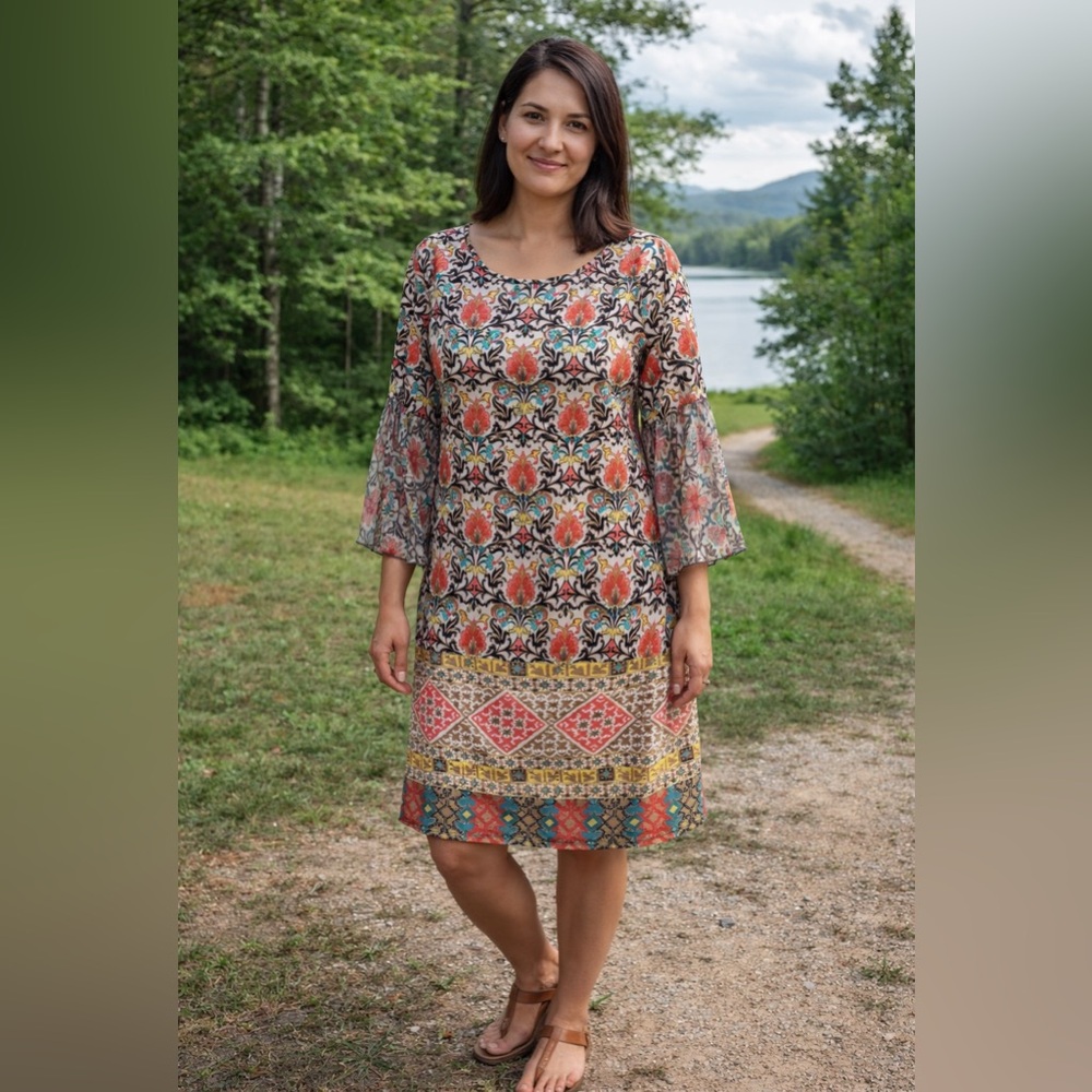 Tacera Multicolor Boho Midi Dress with Bell Sleeves